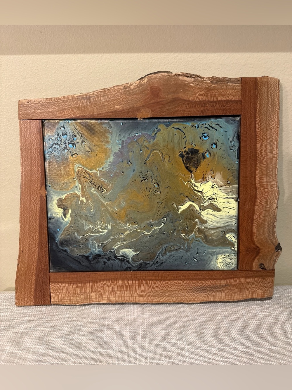 Original Fluid Art Abstract Painting in Live Edge Wood Frame